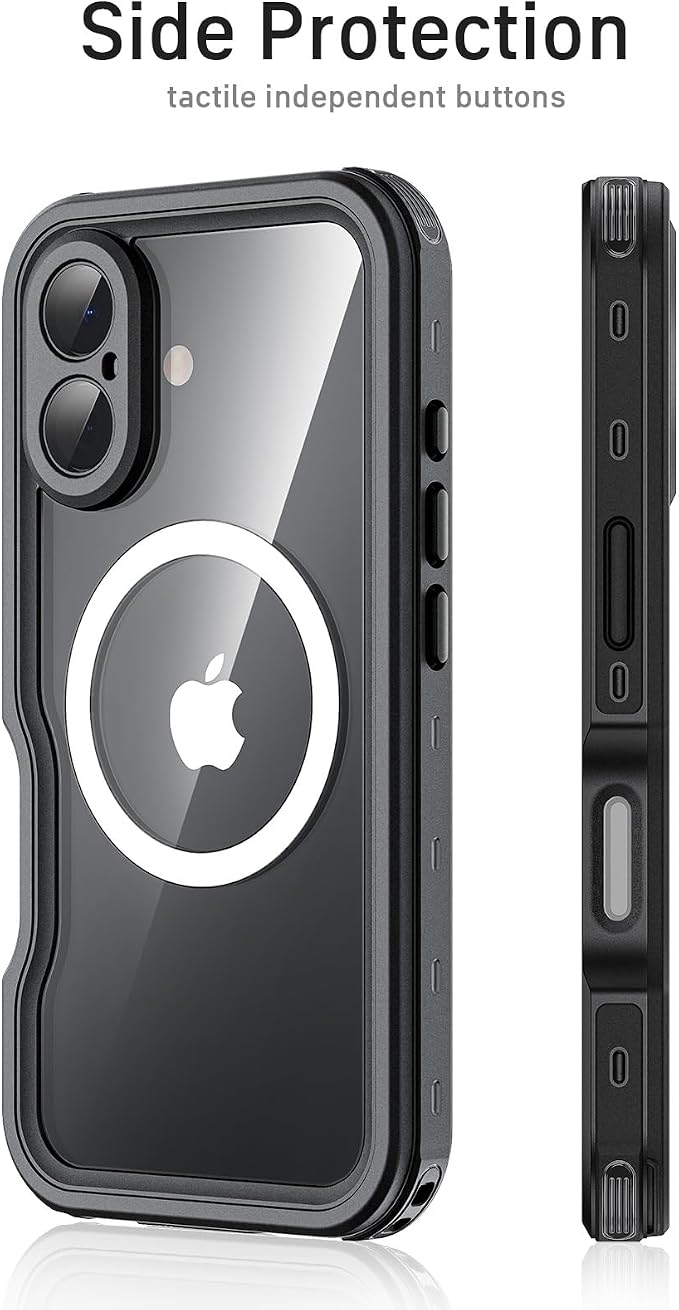Waterproof Phone Case for iPhone 16, [Compatible with Magsafe] [IP68 Underwater] [Built-in Screen Protector & Glass Camera Protector] Full Body Shockproof Cover with Lanyard Black/Clear