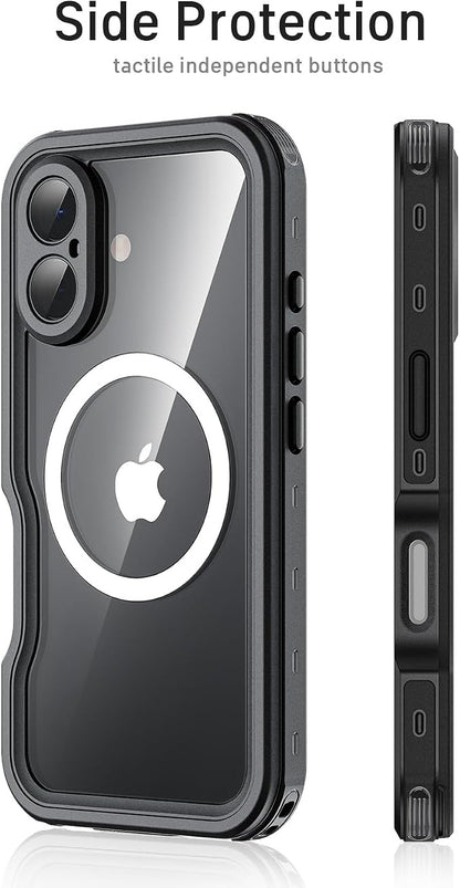 Waterproof Phone Case for iPhone 16, [Compatible with Magsafe] [IP68 Underwater] [Built-in Screen Protector & Glass Camera Protector] Full Body Shockproof Cover with Lanyard Black/Clear
