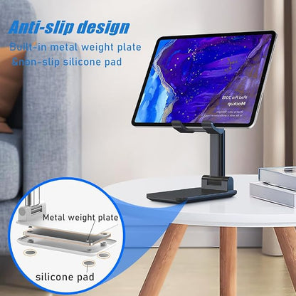 Phone Holder for Desk, MT-6 Cell Phone Stand for Desk Universal Cellphone Stand Holder Foldable & Height Adjustable Compatible Under 8” Device, with Silicone Mat, Black