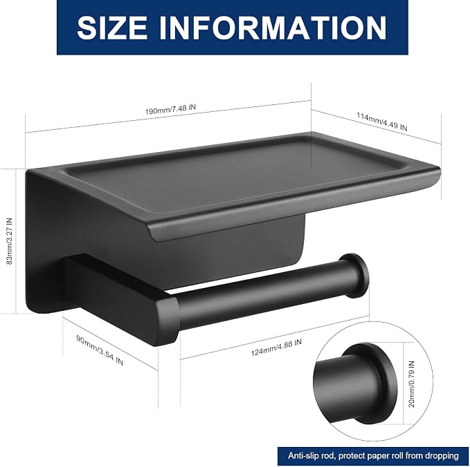 NearMoon Toilet Paper Holder with Shelf, Heavy Duty Bath Toilet Roll Holder with Phone Shelf Tissue Hanger for Bathroom/Kitchen No Drill or Wall Mounted(304 Stainless Steel, Matte Black)
