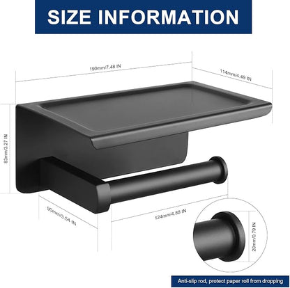 NearMoon Toilet Paper Holder with Shelf, Heavy Duty Bath Toilet Roll Holder with Phone Shelf Tissue Hanger for Bathroom/Kitchen No Drill or Wall Mounted(304 Stainless Steel, Matte Black)