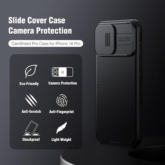 Nillkin for iPhone 16 Pro Case with Slide Camera Cover, [Full Camera Protection][Anti-Scratch] Military-Grade Protection, Anti-Fingerprint, Slim Phone Case for iPhone 16 Pro 6.3'' Black