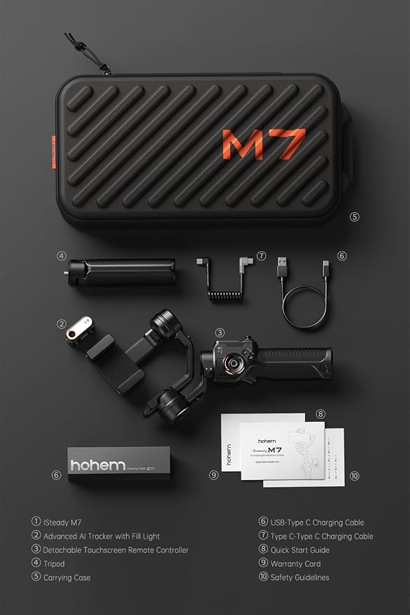 Hohem iSteady M7 Gimbal Stabilizer for Smartphone, Magnetic AI Tracker Fill Light, Detachable Touchscreen Remote Controller, Built-in Extension Rod, 500g Payload Gimbal Stabilizer for iPhone Android