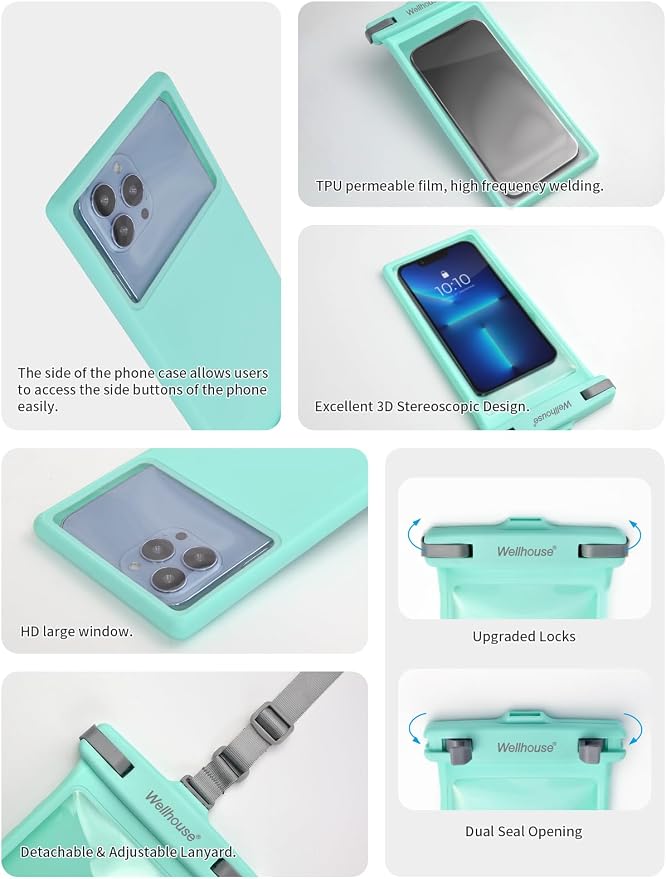 wellhouse Waterproof Phone Pouch, Waterproof Phone Case for iPhone 17 16 15 14 13 Pro Max XS Samsung, IPX8 3D Cellphone Dry Bag Beach Essentials (1 Pack - Crystal Green8.0, 8 inch)