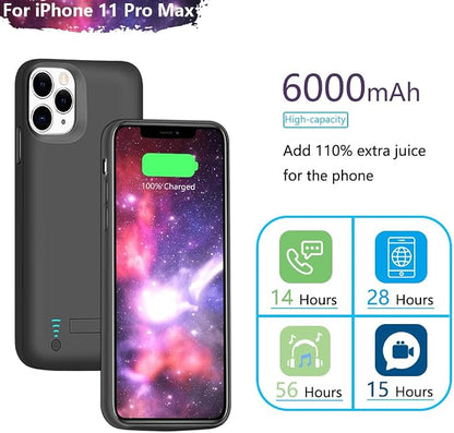 Sitong Battery Case for iPhone 11 Pro Max, 6000mAh Rechargeable Extended Battery Charging Charger Case, Add 110% Extra Juice, Support Wired Headphones Black