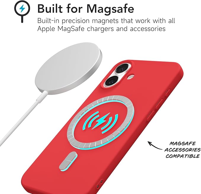for iPhone 16 Case Silicone Compatible with Magsafe Case, Ultra Slim Thin Magnetic Phone Cases Mag Safe, Cute Soft Rubber Gel TPU Matte Plain Wireless Charging Cover for Women, Red