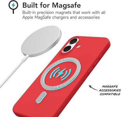 for iPhone 16 Case Silicone Compatible with Magsafe Case, Ultra Slim Thin Magnetic Phone Cases Mag Safe, Cute Soft Rubber Gel TPU Matte Plain Wireless Charging Cover for Women, Red