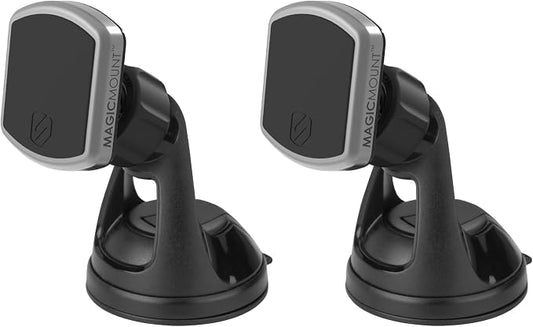 Scosche MPWD2-2PK MagicMount Pro Suction Cup Phone Holder, Magnetic Car Dashboard/Windshield Phone Mount or Desk Mount Compatible with iPhone, Galaxy, and All Android Smartphones, Black/Silver, 2 Pack