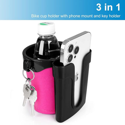 Accmor 3-in-1 Bike Cup Holder with Cell Phone Keys Holder, Bike Water Bottle Holders, Universal Bar Drink Cup Can Holder for Bicycles, Motorcycles, Scooters, Black Pink