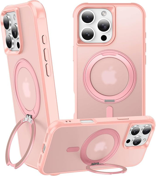 360° Magnetic Swivel Ring for iPhone 16 pro case, Built-in Metal Stand and Ring Holder, Magsafe Compatible, Military Grade Protection, Shock and Vibration Resistant- Pink