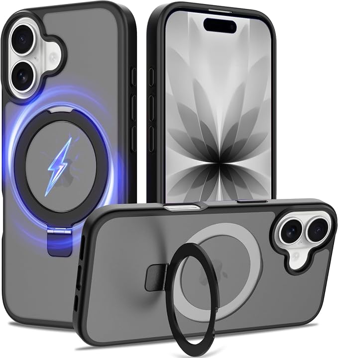 Ultra-Magnetic Stand for iPhone 17 Case [Military Drop Protection] [Compatible with MagSafe] Shockproof Translucent Matte Slim Ring Holder Case for iPhone 17 (Black)