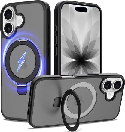Ultra-Magnetic Stand for iPhone 17 Case [Military Drop Protection] [Compatible with MagSafe] Shockproof Translucent Matte Slim Ring Holder Case for iPhone 17 (Black)