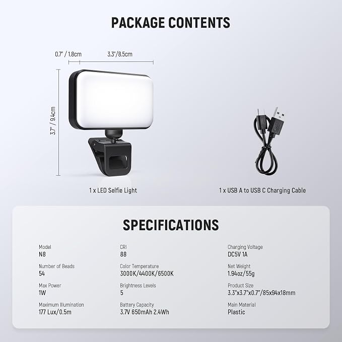 NEEWER Entry Level Version LED Selfie Light, 54 LEDs Plastic Clip on Phone Fill Lighting for iPhone, CRI88 650mAh, Portable for Computer Laptop Webcam Zoom Video Conference Makeup Recording, N8