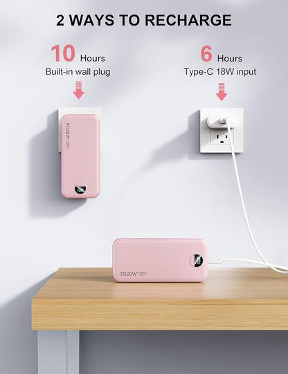 Nusyddy Portable Charger 20000mAh PD20W w/Built-in Cables & Wall Plug Pink | PD20W Fast Charging, High Capacity, LED Display, Charge 5 Devices at once, TSA Approved, Compatible with iPhone/iPad/Samsung