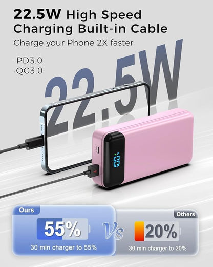 Portable Charger 40000mAh Power Bank, PD 22.5W Fast Charging | Built-in Cable, 4 Output 3 Input, Digital Display, Compatible with iPhone 17 16 15 14 13 Android