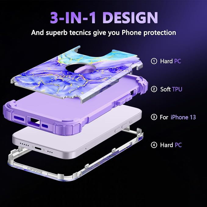 Casetego for iPhone 13 Case,iPhone 14 Case,Three Layer Heavy Duty Sturdy Shockproof Protection Full Rugged Hard PC+Soft TPU Bumper Protective Girls Case for Apple iPhone 13/14 6.1 inch,Cobalt Violet