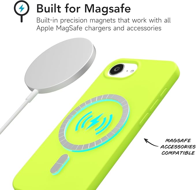 for iPhone 17e 16e Case Silicone Compatible with Magsafe Case, Ultra Slim Thin Magnetic Phone Cases Mag Safe, Cute Soft Rubber Gel TPU Matte Plain Wireless Charging Cover for Women, Neon Green