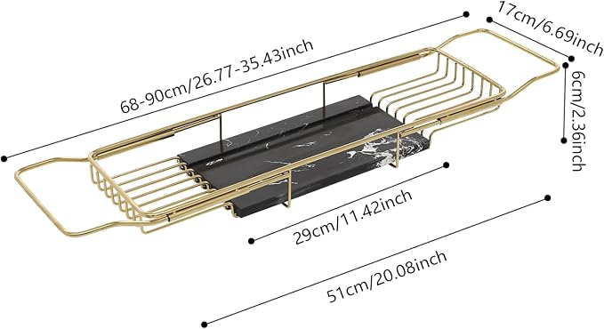 Expandable Bathtub Tray Caddy for Luxury Bath, Extra Wide Acrylic Tub Tray with Natural Marble Board, Waterproof Bath Tub Shelf for Phone, Wine, Book, Tablet Stand - Ideal Home Spa (Gold, Black)