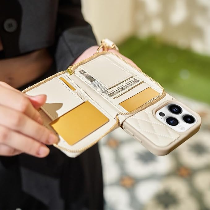 LAMEEKU Crossbody Phone Case for iPhone 15 Pro Max, Zipper Card Holder, RFID Blocking Chain Strap Cover for Women 6.7" Beige