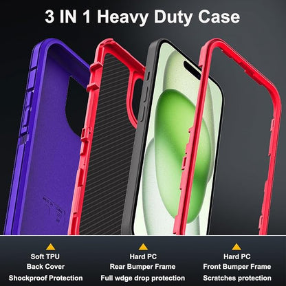 for iPhone 15 Plus Case with 2Pcs Tempered Glass Screen Protector and 1Pcs Camera Lens Protector, Military Grade 3 in 1 Heavy Duty Shockproof/Drop Proof/Dust Proof Case (Purple/Pink)