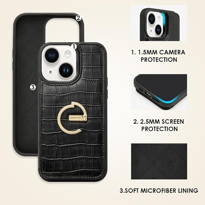 CUSTYPE for iPhone 13/14 Wallet Case with Card Holder,Ring Holder Kickstand Card Slots Case,Leather Protective Case with Wallet for Women and Men for iPhone 13/14 6.1"-Black