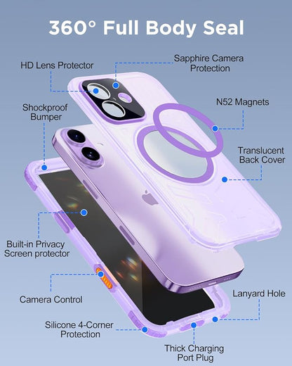 for iPhone 17 Waterproof Case with Magsafe, Built-in [Privacy Screen Protector] [Lanyard], IP68 Water Proof Full Body Dustproof Anti-Spy Frosted Protective Phone Cover, 6.1" Purple