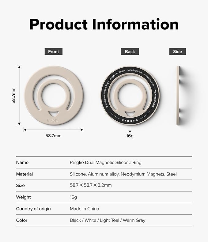 Ringke Dual Magnetic Silicone Ring [Compatible with MagSafe] Phone Grip, Dual-Sided Powerful Magnet, Lightweight (0.04 lb) & Super Slim (0.13 in) Soft Holder for iPhone, Galaxy, Pixel - Warm Gray