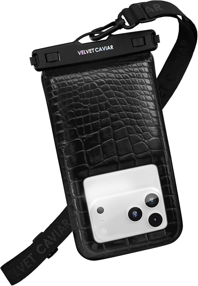 VELVET CAVIAR Waterproof Phone Pouch with Lanyard | IP68 Floating Case for iPhone & All Phones | Dry Bag for Snorkeling, Beach, Kayaking | Travel & Cruise Essentials for Women (Black Croc)