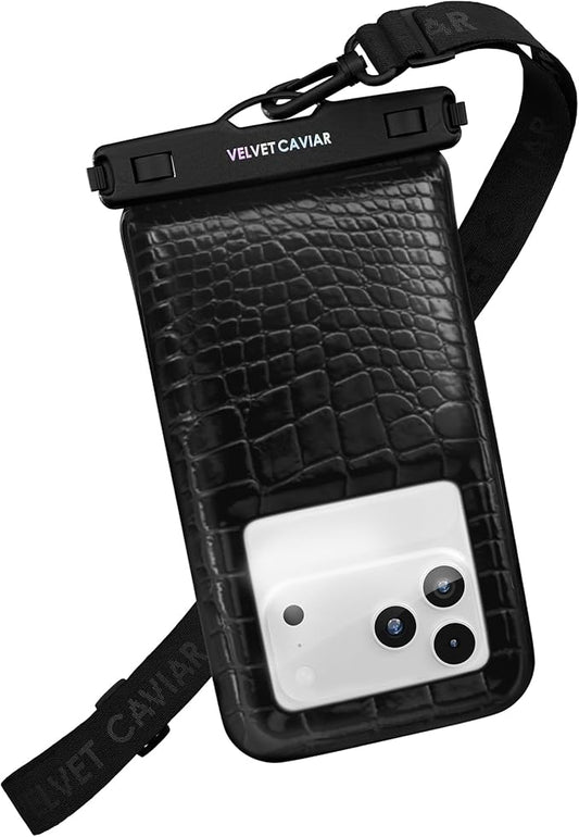 VELVET CAVIAR Waterproof Phone Pouch with Lanyard | IP68 Floating Case for iPhone & All Phones | Dry Bag for Snorkeling, Beach, Kayaking | Travel & Cruise Essentials for Women (Black Croc)