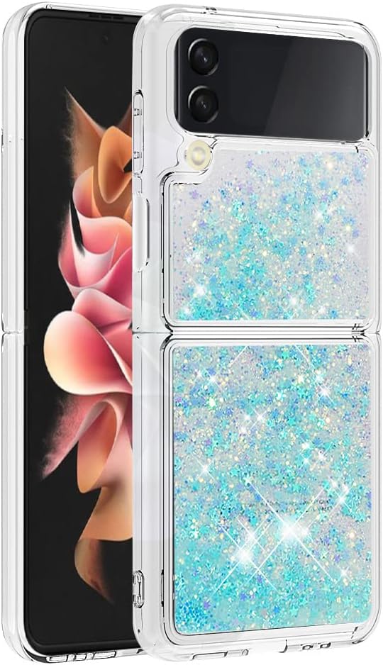 Galaxy Z Flip 4 Shockproof Cover Silicone, Girls Women Bling Moving Liquid Floating Sparkle Quicksand Protective TPU Waterfall Slim Phone Cover Glitter Back Bumper Compatible with Samsung Z Flip 4