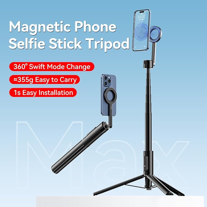 ULANZI 64.6'' Magnetic Selfie Stick Tripod Max, All-in-One Phone Tripod w Magnetic Phone Holder & Detachable Wireless Remote, C/W Magsafe, for iPhone 16 15 14 13 12 Series & Android Phones (Black)