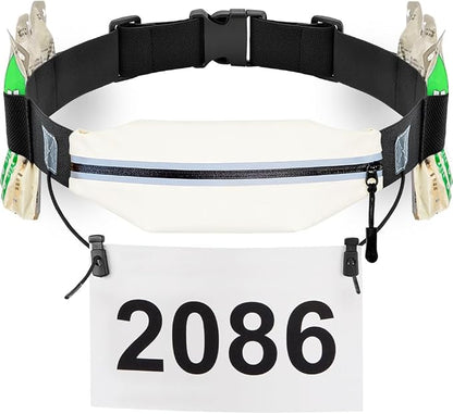 RJ-Sport Triathlon Belt with Pouch - Race Number Bib Holder with 6 Gel Loops, Ideal for Running, Cycling & Marathon (White)