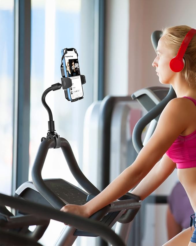 woleyi Gooseneck Spin Bike Phone Mount, Handlebar Clip Cell Phone Holder for Exercise Bicycle, Stationary Cycling, Stroller, Gym Treadmill for iPhone 17 Pro Max Air 16 15 14 13 12 and 4-7" Smartphones