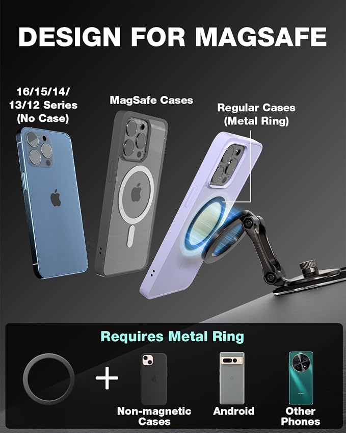 Smolink Tesla Phone Mount, All Metal Strong Magnet Magnetic Phone Holder for Car Dashborad and Tesla Model 3/Y/S/X, Foldable Hidden for MagSafe Car Mount Fit for iPhone All Phones, Grey