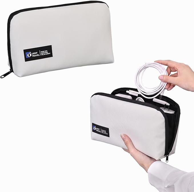 Tech Pouch,Travel Cord Rrganizer Case,Waterproofing Data Cable Storage Bag，9inches*5inches,For Charger, Cables, USB Drive,Phone,Power Bank,Memory Card(White)