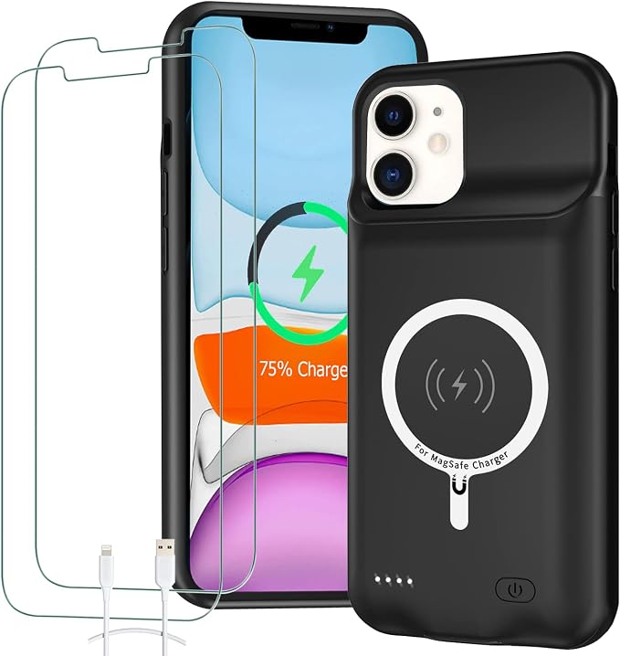 Battery Case for iPhone 11, 10000mAh High Capacity Portable Charger Case Rechargeable Smart Battery Pack Charging Case with Wireless Charging Support Carplay Compatible for iPhone 11 (6.1 inch)-Black