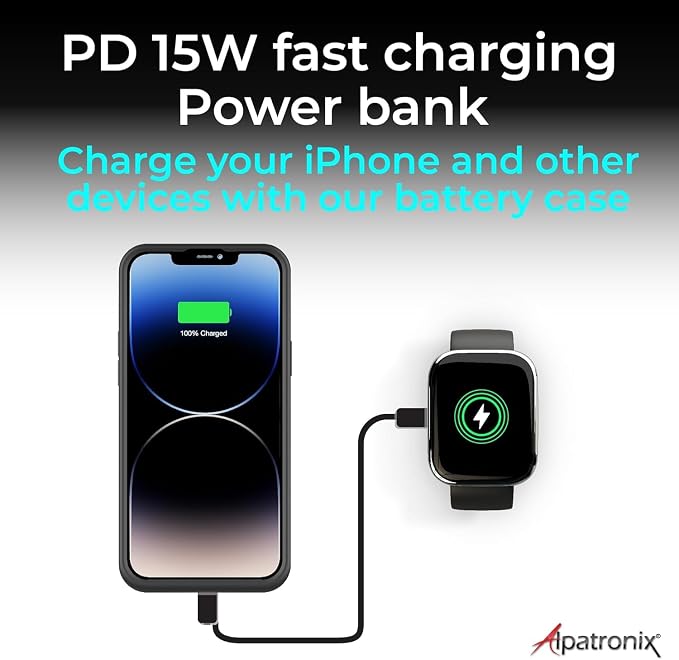 Alpatronix iPhone 15 Pro Max and 15 Plus Battery Case, Strong Slim Portable Protective Extended 15W Fast Charger Case and Power Bank. iPhone 15 Pro Max&15 Plus Rechargeable Charging Case Black