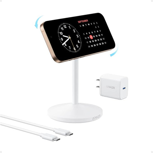 Anker MagGo iPhone 17 MagSafe Charger Compatible Stand, 15W Fast Magnetic Wireless Charging Station, Qi2 Certified 360° Wireless Charger (White, with Cable & Adapter)