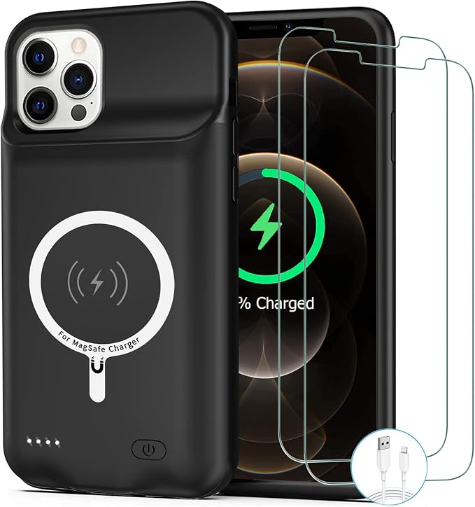 Battery Case for iPhone 12/12 Pro, [10000mAh] Enhanced Portable Protective Qi Wireless Charger Case Battery Pack with CarPlay Wireless Charging Case Compatible for iPhone 12/12 Pro (6.1 inch)-Black