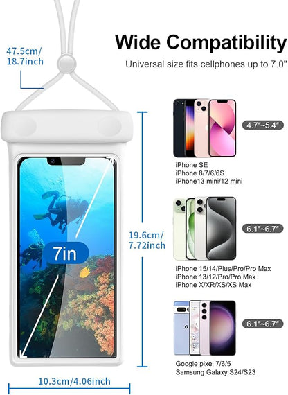 wellhouse Waterproof Phone Pouch, Waterproof Phone Case for iPhone 17 16 15 14 13 Pro Max XS Samsung, IPX8 3D Cellphone Dry Bag Beach Essentials (2 Pack - Duke Green & White7.0, 7 inch)