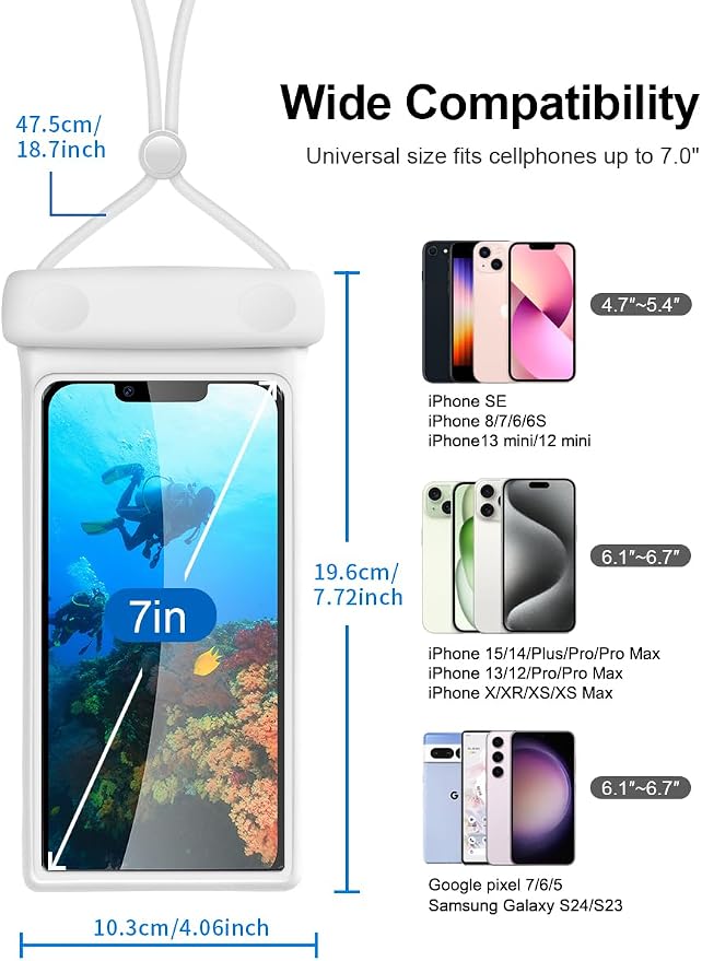 wellhouse Waterproof Phone Pouch, Waterproof Phone Case for iPhone 17 16 15 14 13 Pro Max XS Samsung, IPX8 3D Cellphone Dry Bag Beach Essentials (2 Pack - Duke Black & White7.0, 7 inch)