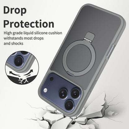 Ultra-Magnetic Stand for iPhone 17 Pro Case [Military Drop Protection] [Compatible with MagSafe] Shockproof Translucent Matte Slim Ring Holder Case for iPhone 17 Pro (Gray)
