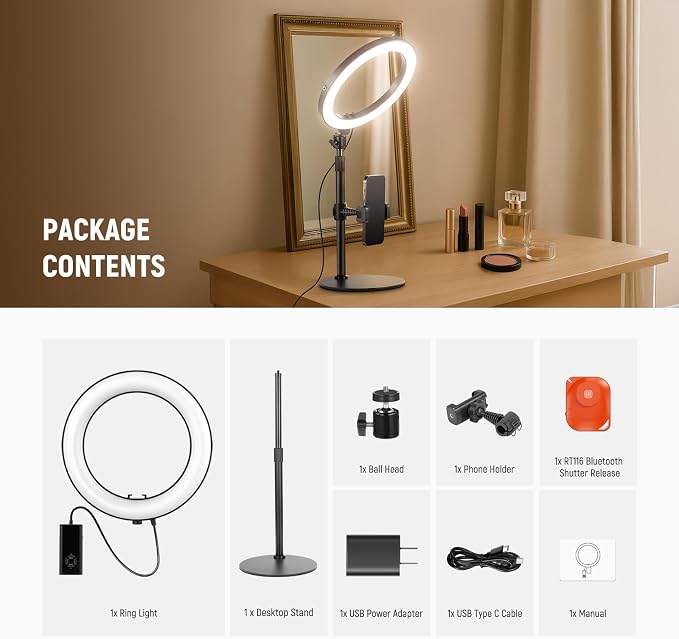 NEEWER 10" 20W LED Ring Light with Desk Stand Phone Holder for iPhone Laptop, Bi Color 2900K-7000K, USB C PD Input, CRI97+ 1660LX/0.5m, Selfie Makeup TikTok Recording Video Conference Lighting, RH10B