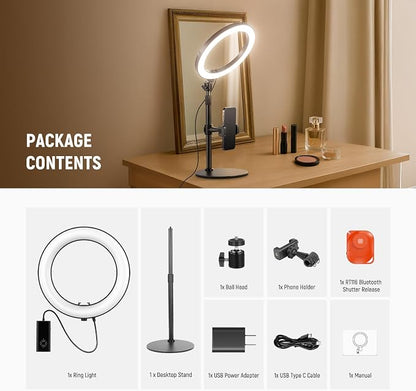 NEEWER 10" 20W LED Ring Light with Desk Stand Phone Holder for iPhone Laptop, Bi Color 2900K-7000K, USB C PD Input, CRI97+ 1660LX/0.5m, Selfie Makeup TikTok Recording Video Conference Lighting, RH10B