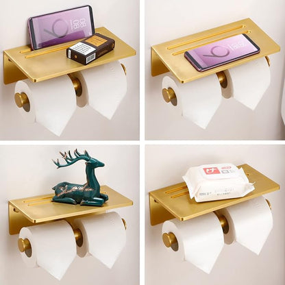 Double Toilet Paper Holder with Shelf, Commercial Toilet Paper Roll Dispenser Wall Mount with Cell Phone Storage Rack, Aluminium Fits Mega Roll Dual Toilet Paper Tissue Holder Brushed Gold
