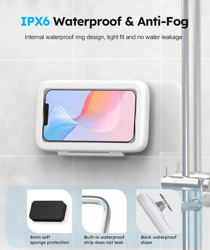 Waterproof, Upgraded IPx7 Wall Mount Phone Case, 480° Rotation, HD Touchscreen, Perfect Bathroom Shower Accessories for 4-7” Phones-Write White