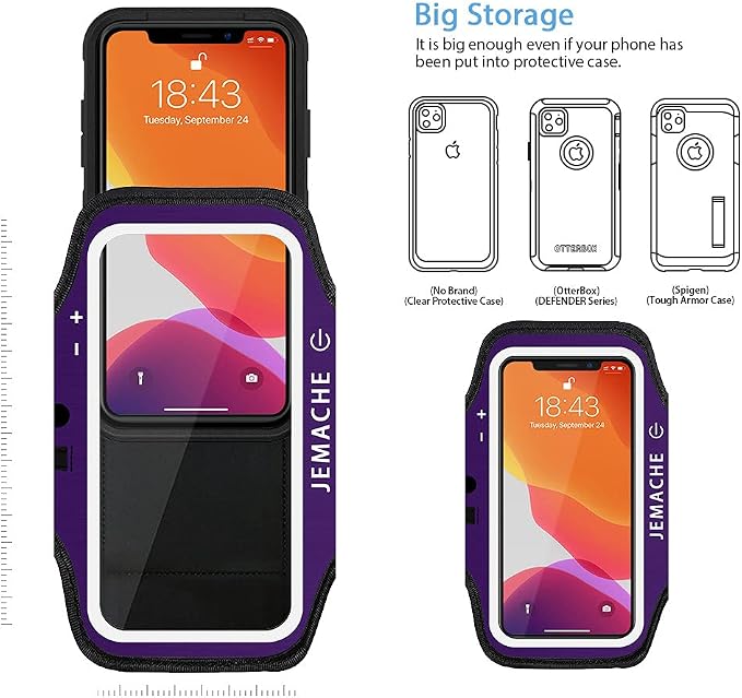 iPhone 17 16 Pro Armband, JEMACHE Gym Workouts Running Arm Band for iPhone 17/16/15/14/13 Pro with Airpods Holder (Purple)