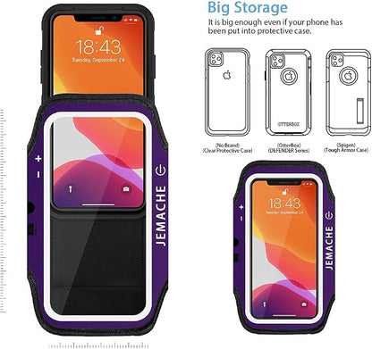iPhone 17 16 Pro Armband, JEMACHE Gym Workouts Running Arm Band for iPhone 17/16/15/14/13 Pro with Airpods Holder (Purple)