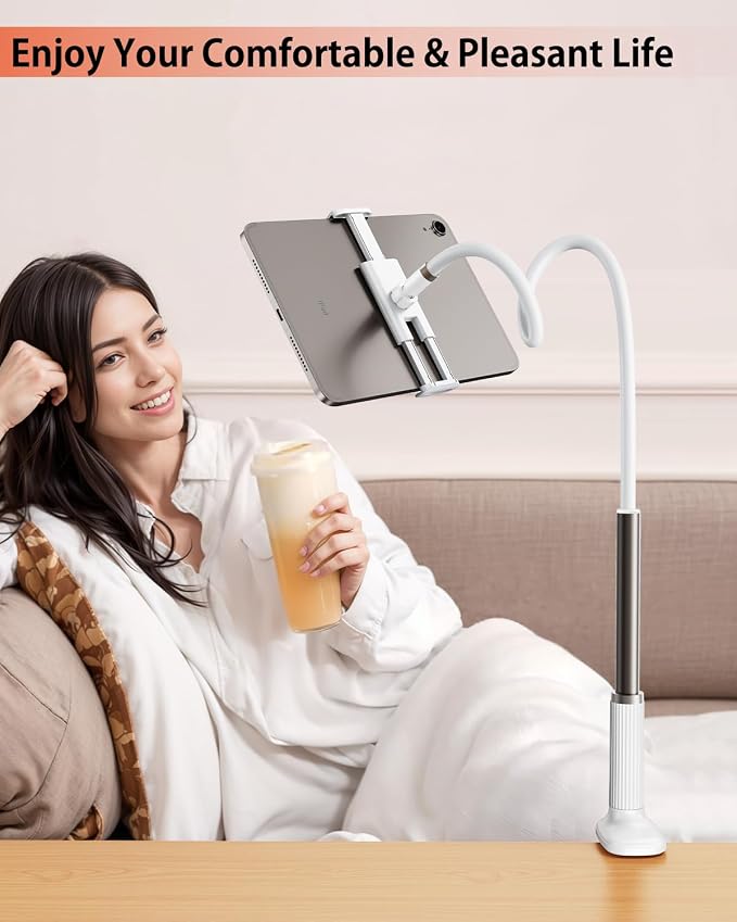 Gooseneck Tablet Holder for Bed, Adjustable Tablet Stand for Desk, Flexible Long Arm Mount for Kindle Reading in Bed, Compatible with iPad and Other 4.7-10.9 Inches Devices