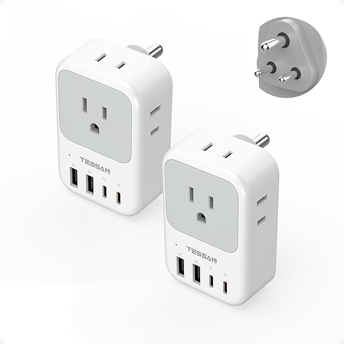 TESSAN US to India Plug Adapter 2 Pack, PD 20W Type D Travel Adapter with 4 AC Outlets 4 USB Ports (2 USB C), India Power Adaptor for USA to Bangladesh Nepal Maldives Pakistan Yemen